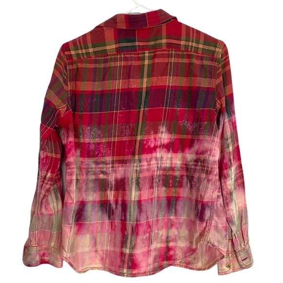 Upcycled Flannel Shirt Womens Size Medium Custom Bleached Plaid Boho Button Down - Picture 2 of 10